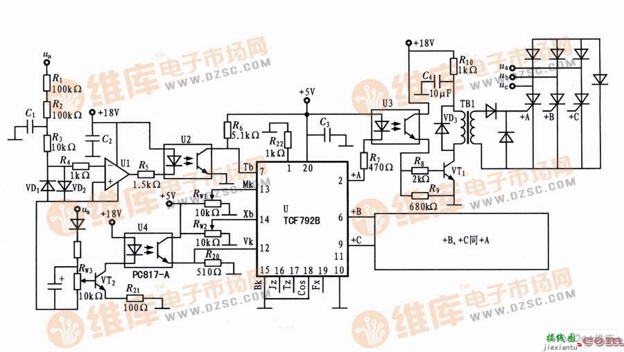 工频三相晶闸管全波半控整流电路原理接线图  第1张