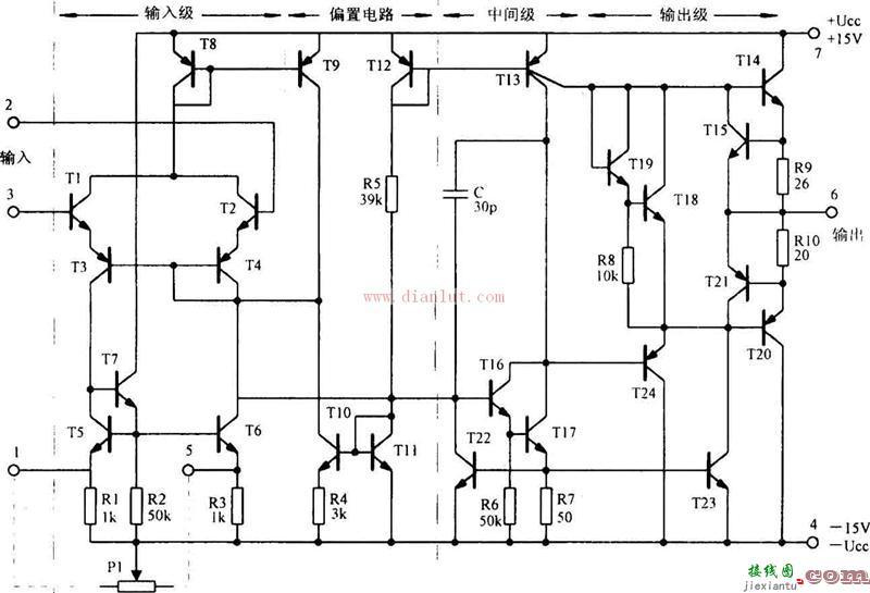 典型集成运放F007内部方框原理图简介  第1张