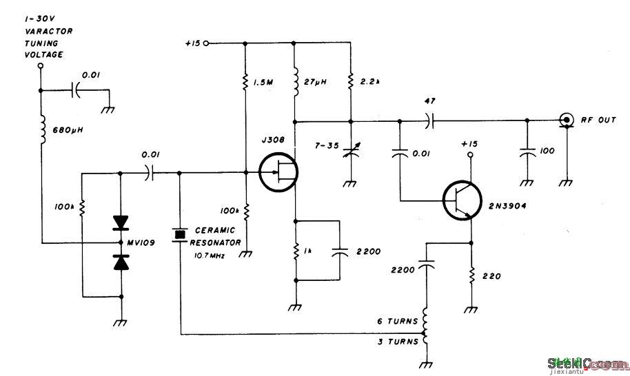 变容二极管—调谐10MHz陶瓷谐振振荡器电路  第1张