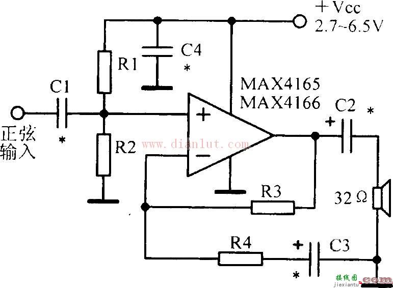 MAX4165/MAX4166设计的低功耗高输出驱动输入输出运算放大电路  第1张