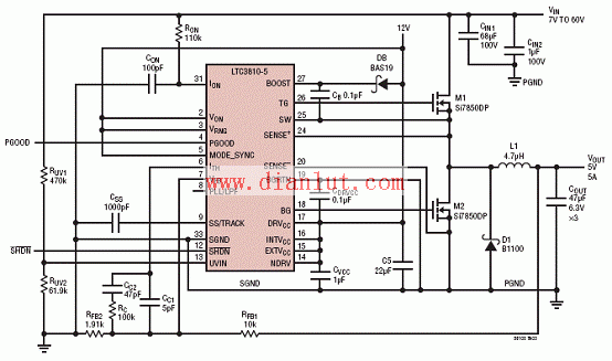 利用LTC3810-5设计的60V同步降压电源转换应用电路  第4张