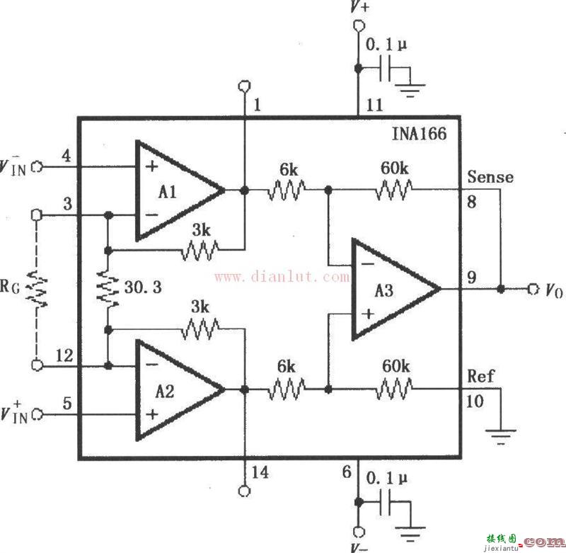 INA166设计的信号和电源基本连接电路原理图  第1张
