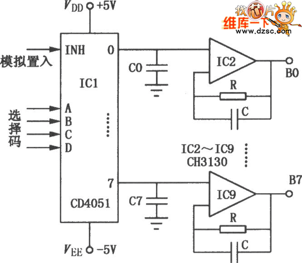 CD4051与CH3130多通道解调器电路图  第1张