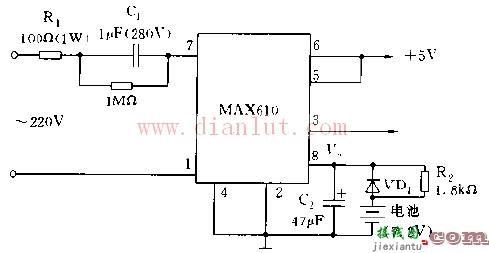 用于MAX610不间断5V电源的电路图  第1张