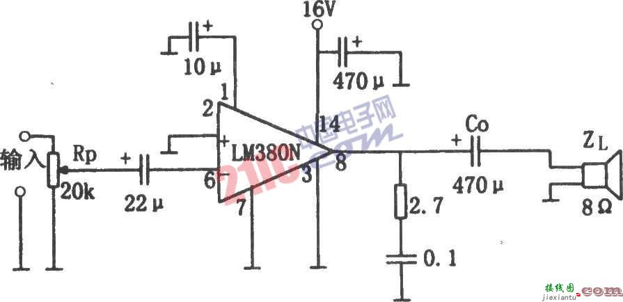 LM380构成的2W简单音频功率放大器电路  第1张