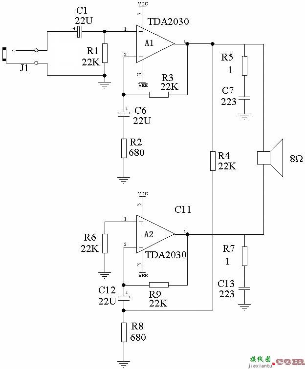 基于TDA2030/TDA2030A组成的BTL中低音功放电路  第1张