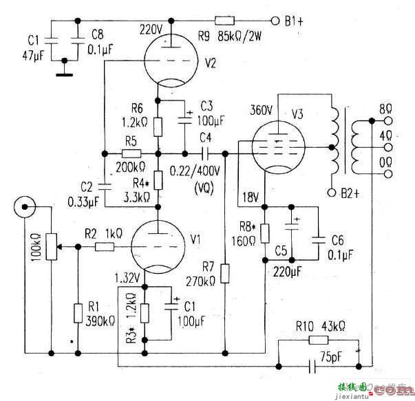 用EL34-B电子管超线性接法制作单端胆机电路  第1张