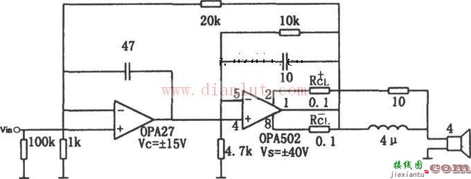 OPA502构成的组合音响放大器电路  第1张