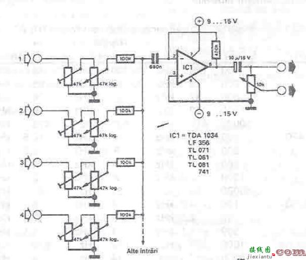 使用运算放大器的音频混合器电路图项目  第1张