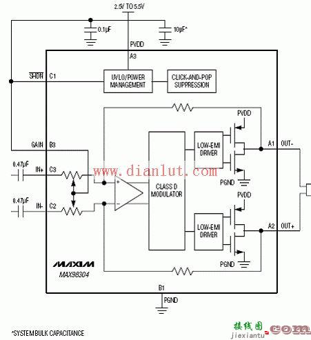 MAX98304D类音频放大应用电路原理图  第1张