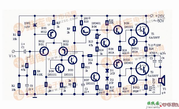 使用大功率达林顿管的实用功率放大器电路图  第1张