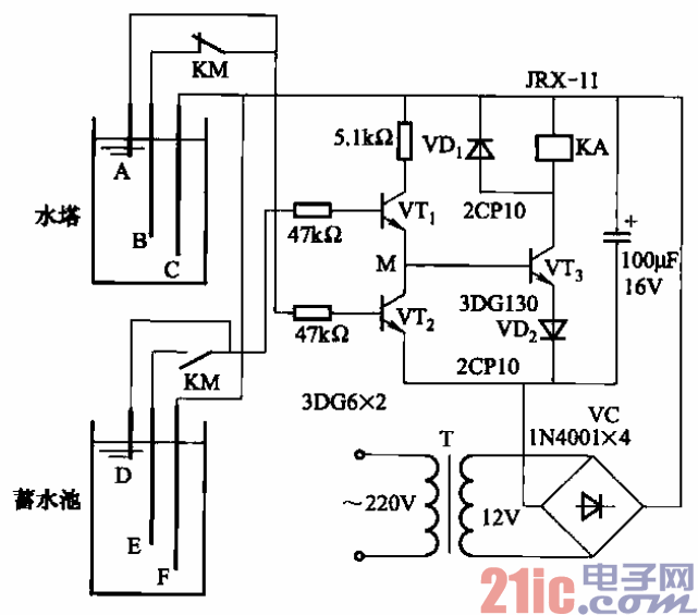 水塔和蓄水池同时监测的自动上水控制电路之二  第1张