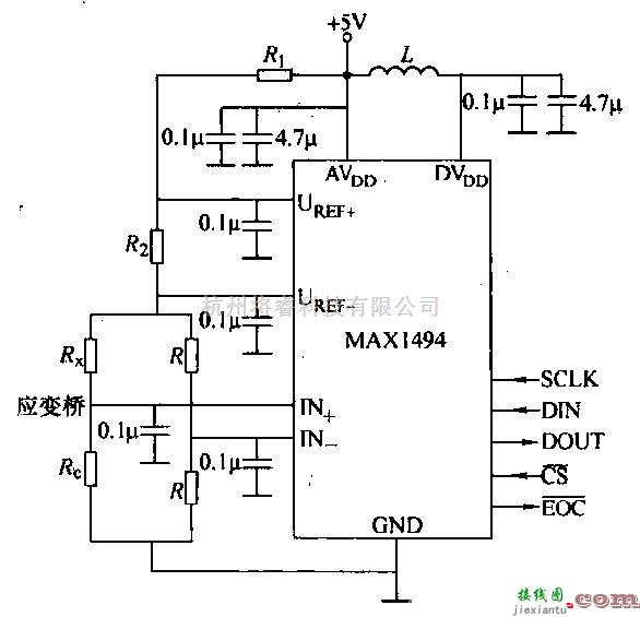 仪器仪表中的由MAX1494构成数字式应变仪电路图  第1张