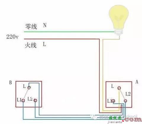 一个灯，两个开关你知道怎么接线吗？  第2张