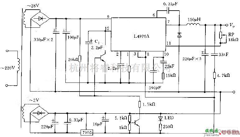 开关稳压电源中的采用L4970A构成的可调开关电源电路图  第1张