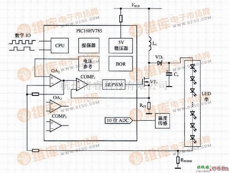 LED电路中的基于PIC16HV785的升压型LED驱动电路  第1张