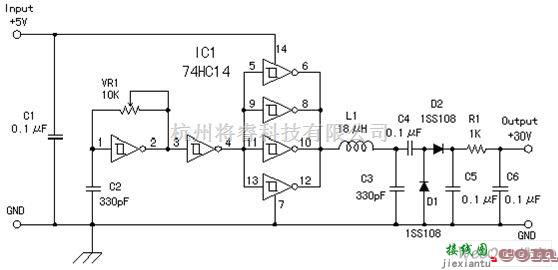 电源电路中的门电路组成的5V转30V升压电源电路图  第1张