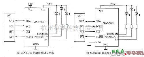 LED电路中的MAX7306／MAX7307驱动白光LED电路图  第1张