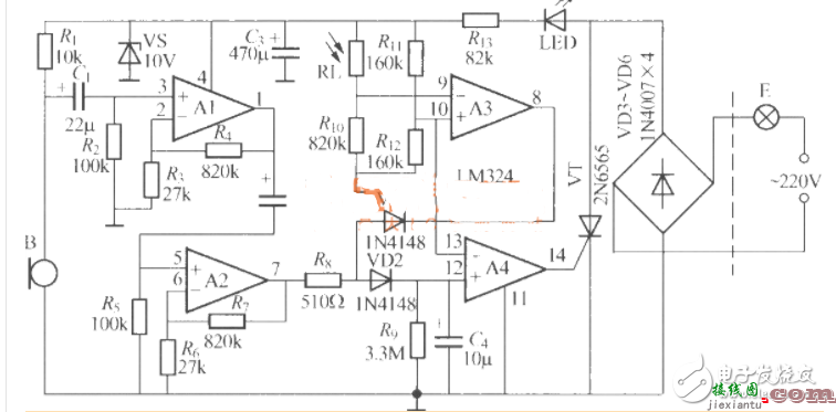 声光控制电路图大全（声光控节能灯/延时节电灯/声光控楼梯延迟开关电路） - 灯光控制  第7张