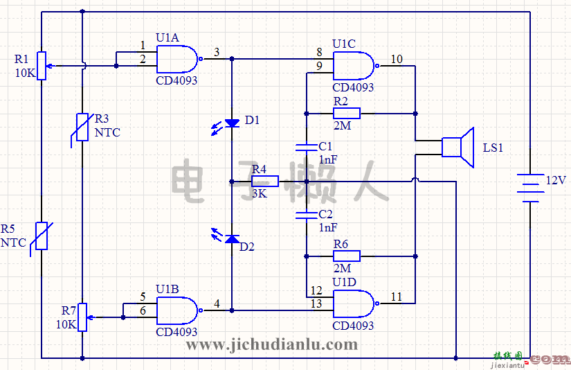 用CD4093实现的可调温度上下限声光报警器的效果图演示_基础硬件电路图讲解  第1张