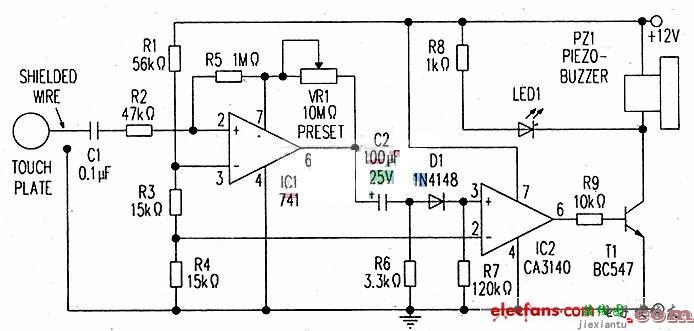 uA741与CA3140构成的高灵敏触摸报_报警器电路图讲解  第1张