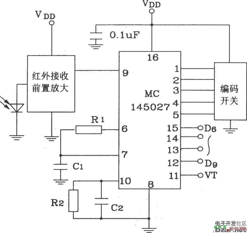 MC145026/145027构成红外发射和接收电路图  第4张