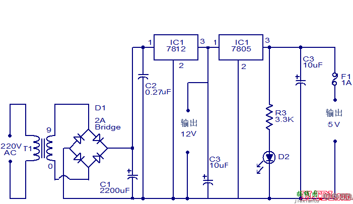 12v转5v的7805电路图  第1张